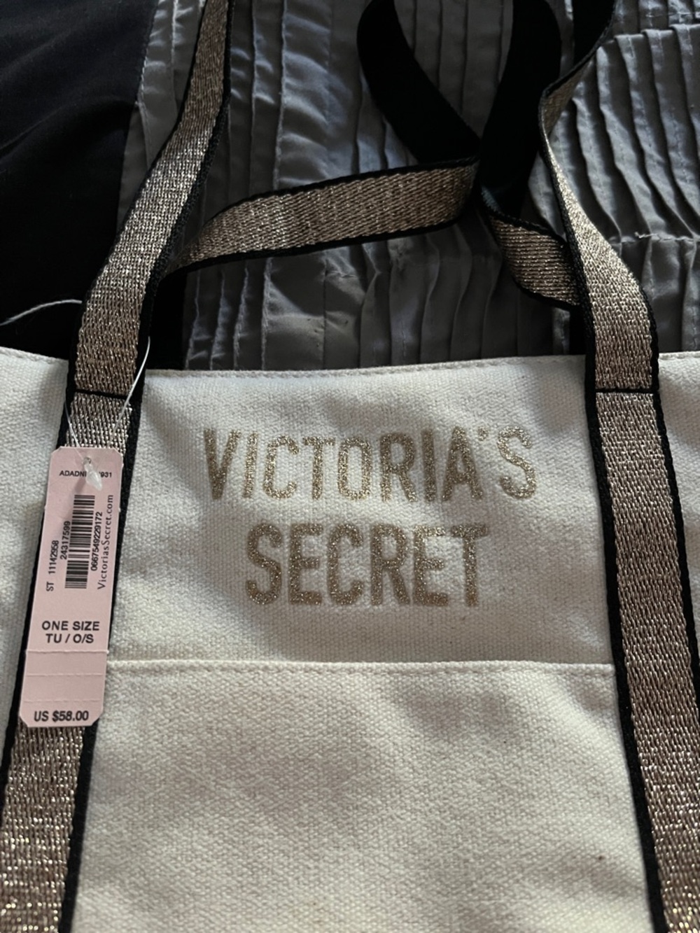 Victoria's Secret White Tote with Gold Glitter Trim - Picture 2 of 7